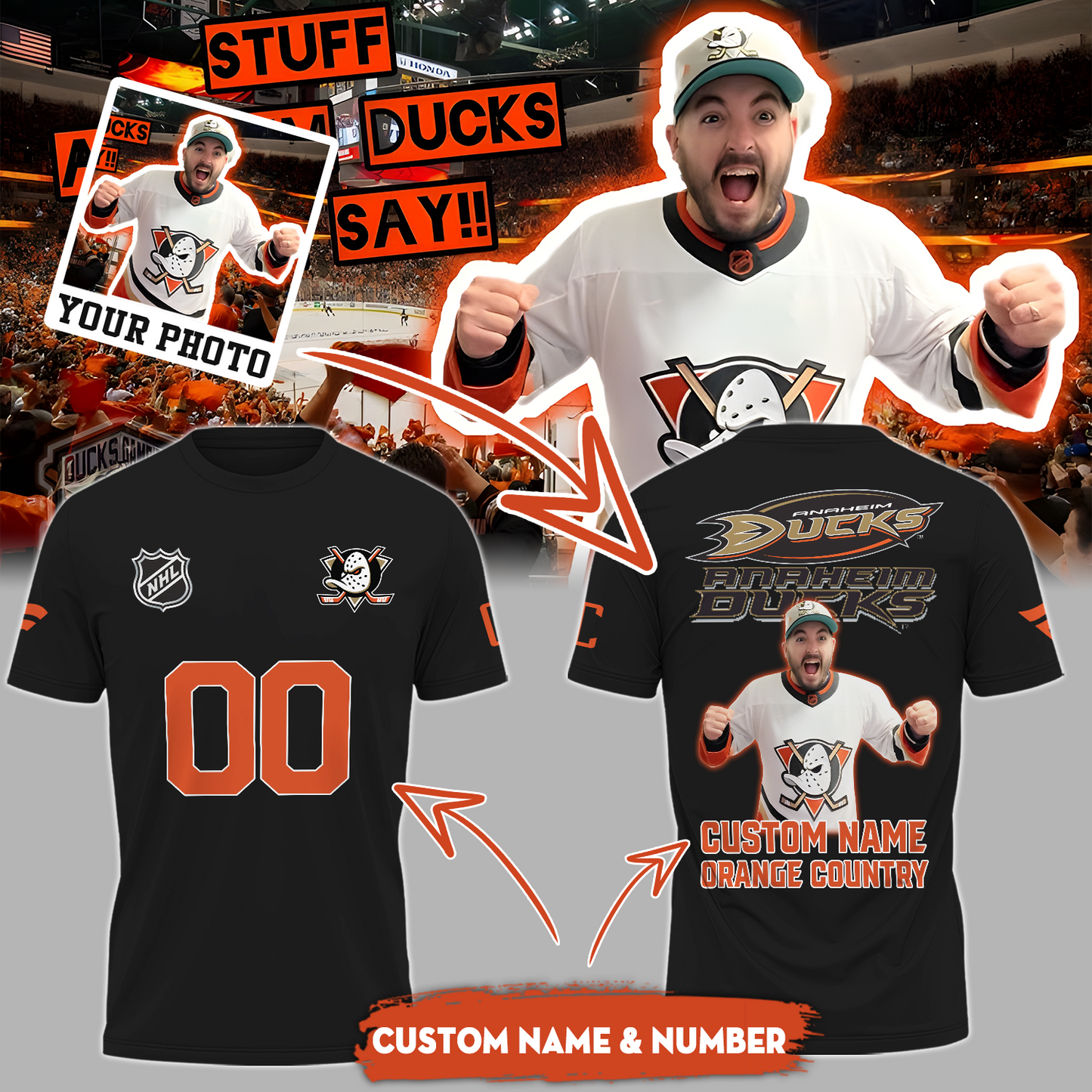 Anaheim Ducks NHL T-Shirt Custom Photo And Name And Number TM