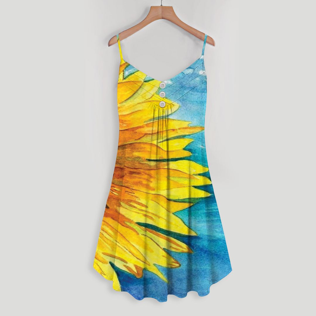 Sunflower Spaghetti Strap Summer Dress | Women Sleeveless V Neck Mini Dress