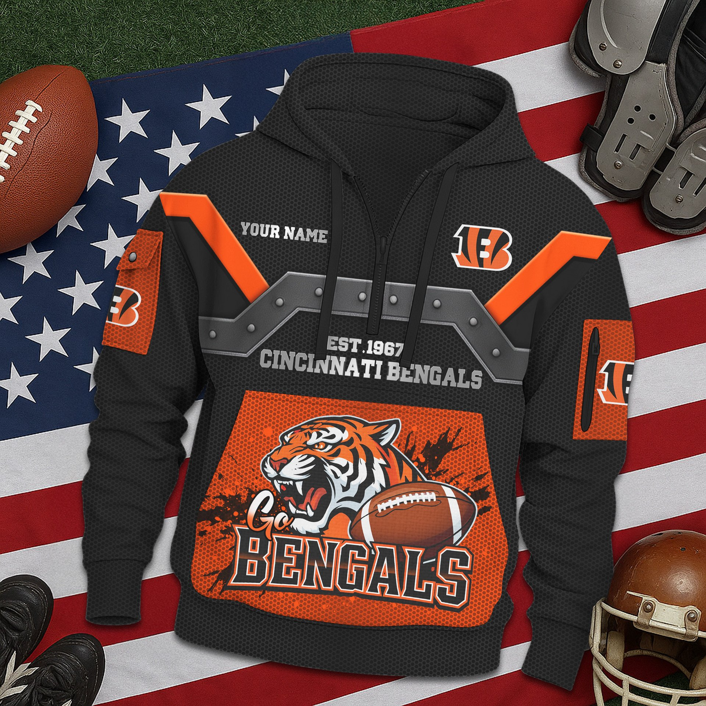 CIN Premium NFL 3D Half Zip Hoodie DDT NTL