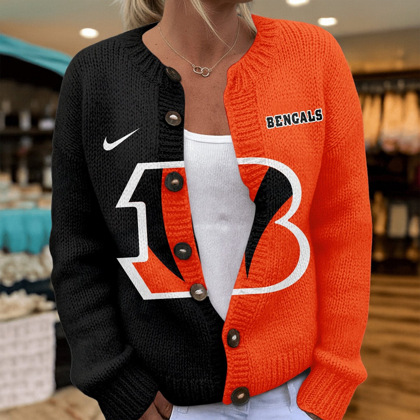 Premium NFL X CIN Smart Woman Love Football Cozy Split Knit Cardigan V2 NDT NHM