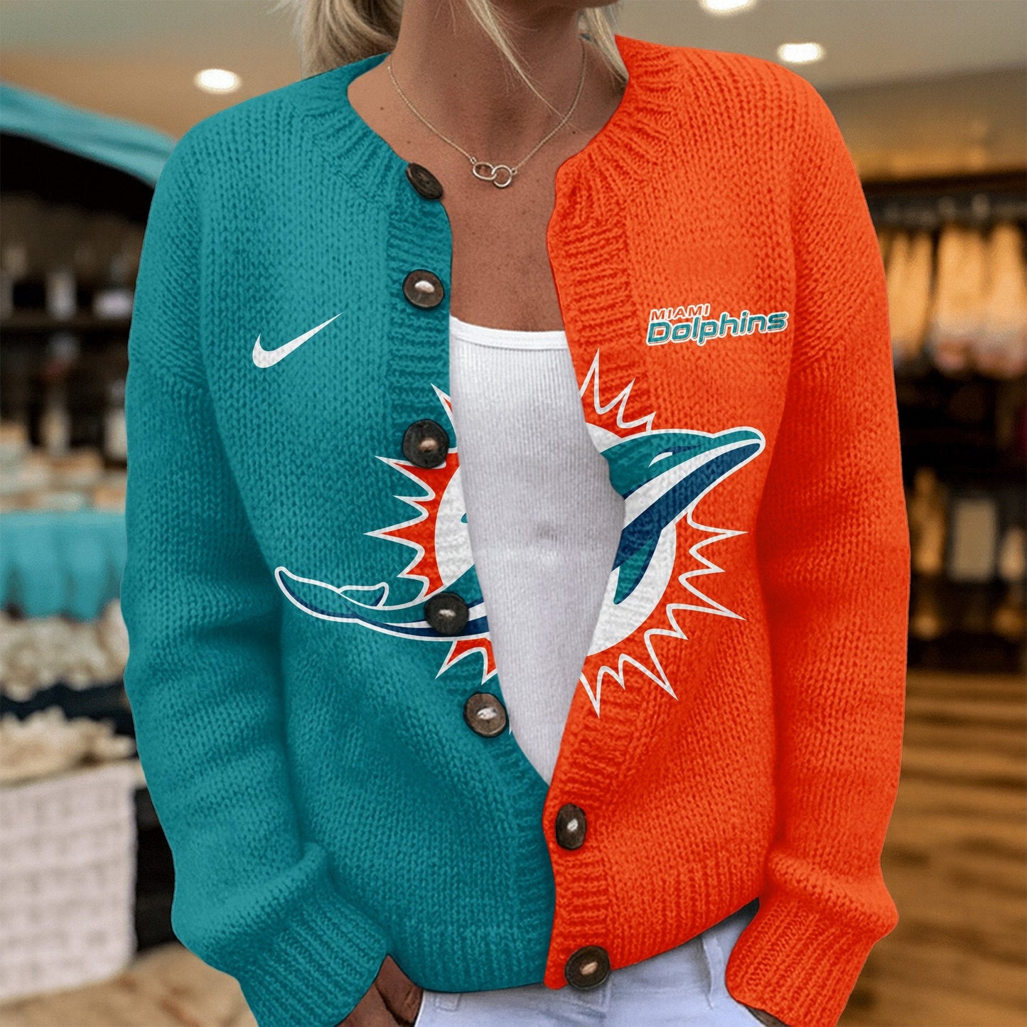 Premium NFL X MIA Smart Woman Love Football Cozy Split Knit Cardigan V2 NDT NHM