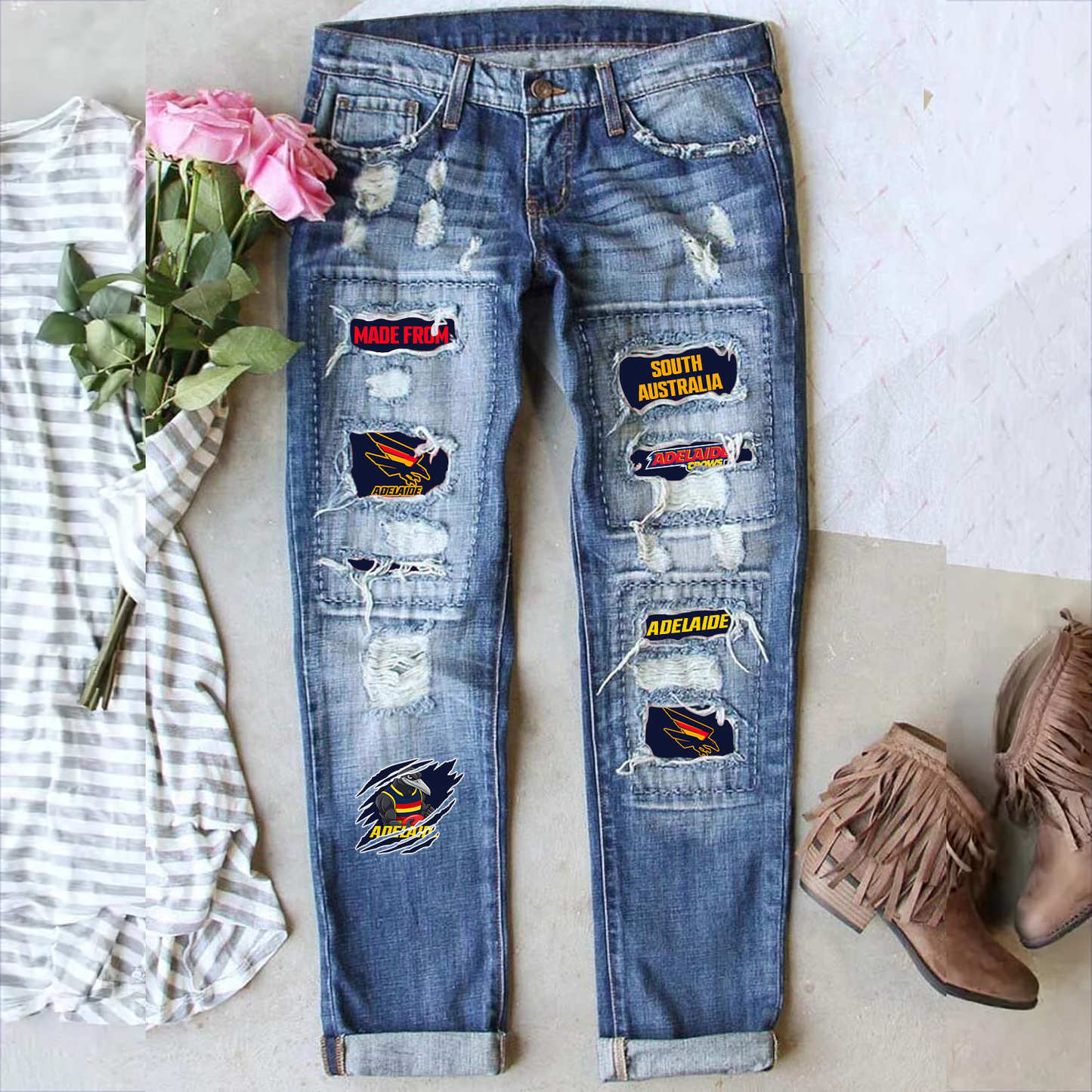 Adelaide Crows AFL 2025 Stretch Ripped Frayed Raw Hem Distressed Denim Jeans With Hole TM NTA V1