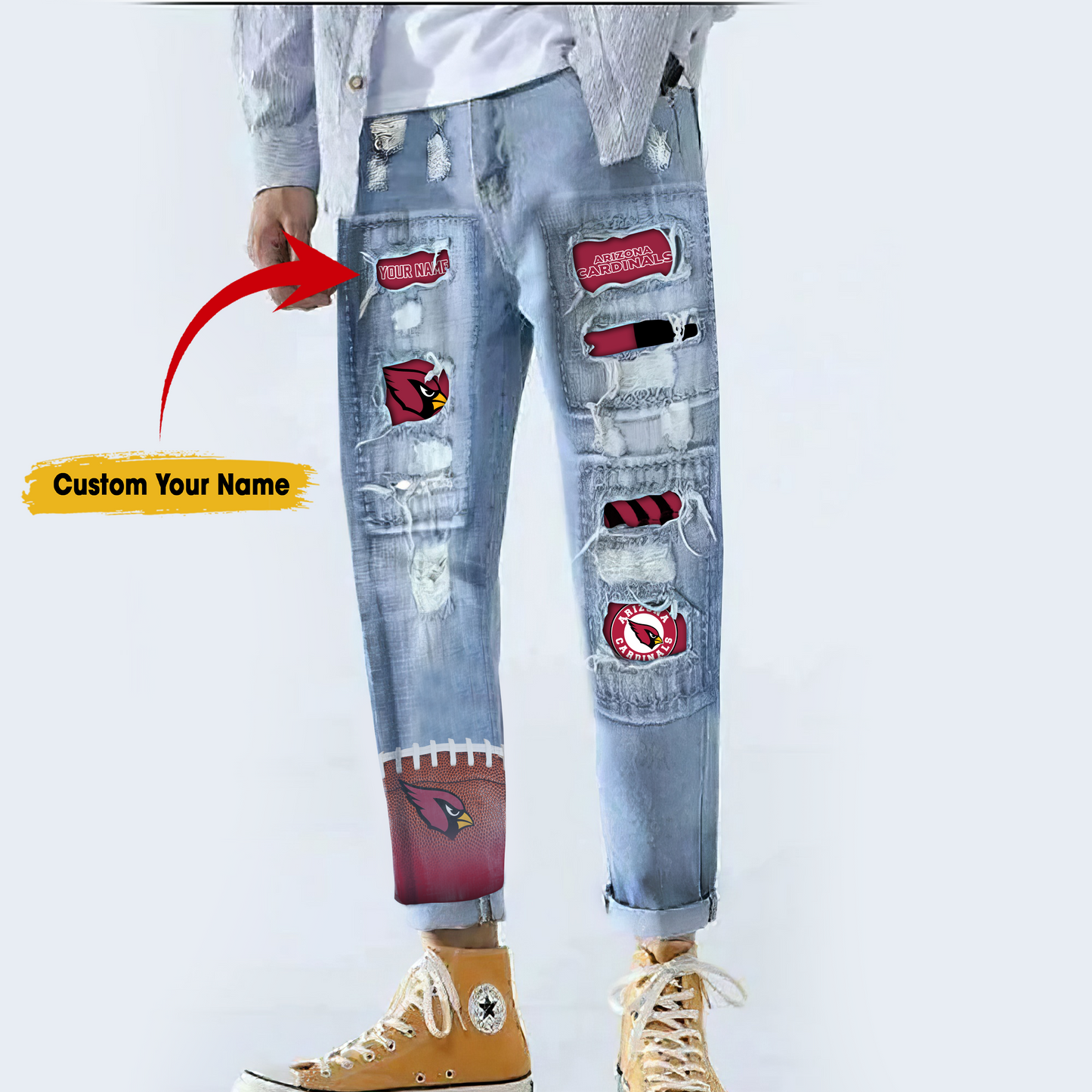 Arizona Cardinals STRETCH RIPPED FRAYED RAW HEM DISTRESSED DENIM JEANS WITH HOLE