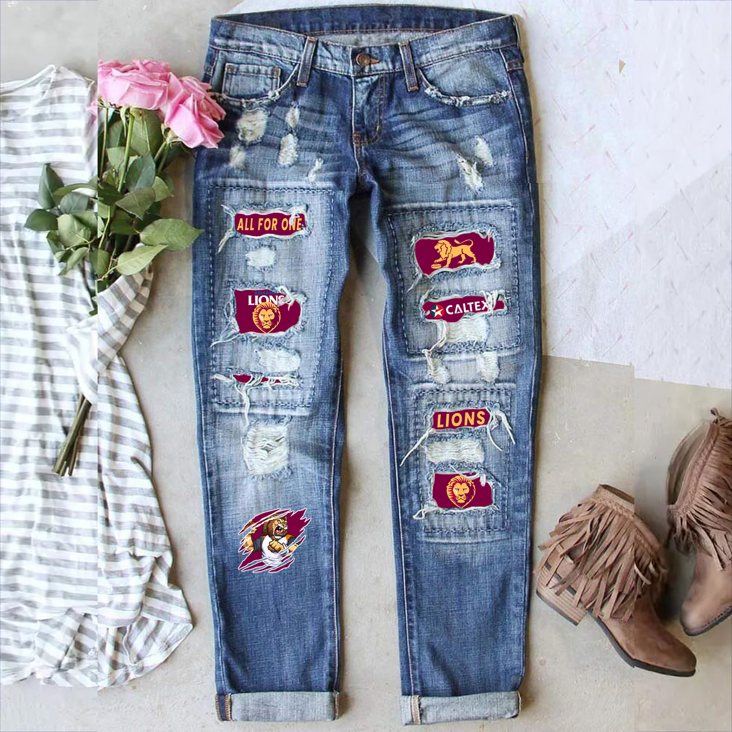 Brisbane Lions AFL 2025 Stretch Ripped Frayed Raw Hem Distressed Denim Jeans With Hole TM NTA V1