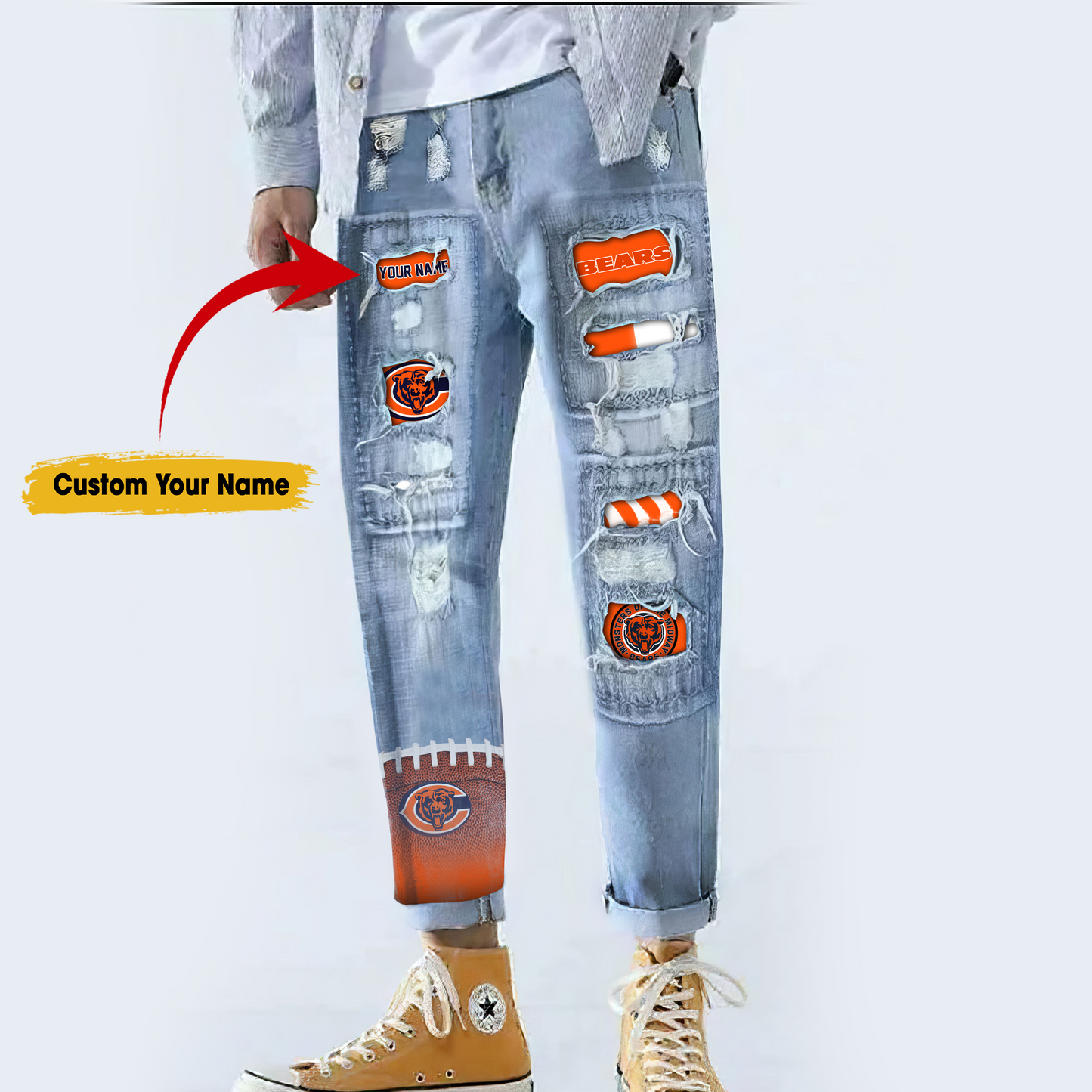 Chicago Bears STRETCH RIPPED FRAYED RAW HEM DISTRESSED DENIM JEANS WITH HOLE