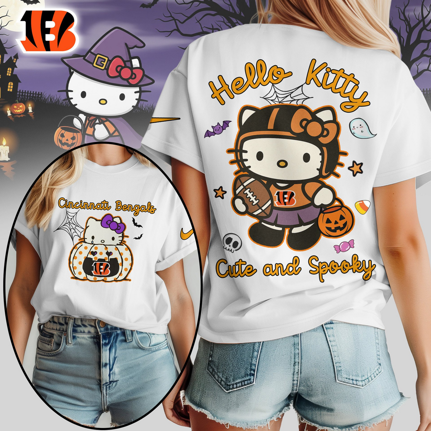 CIN Premium NFL Hello Kitty Cute & Spooky Halloween Women Shirt DDT CTND