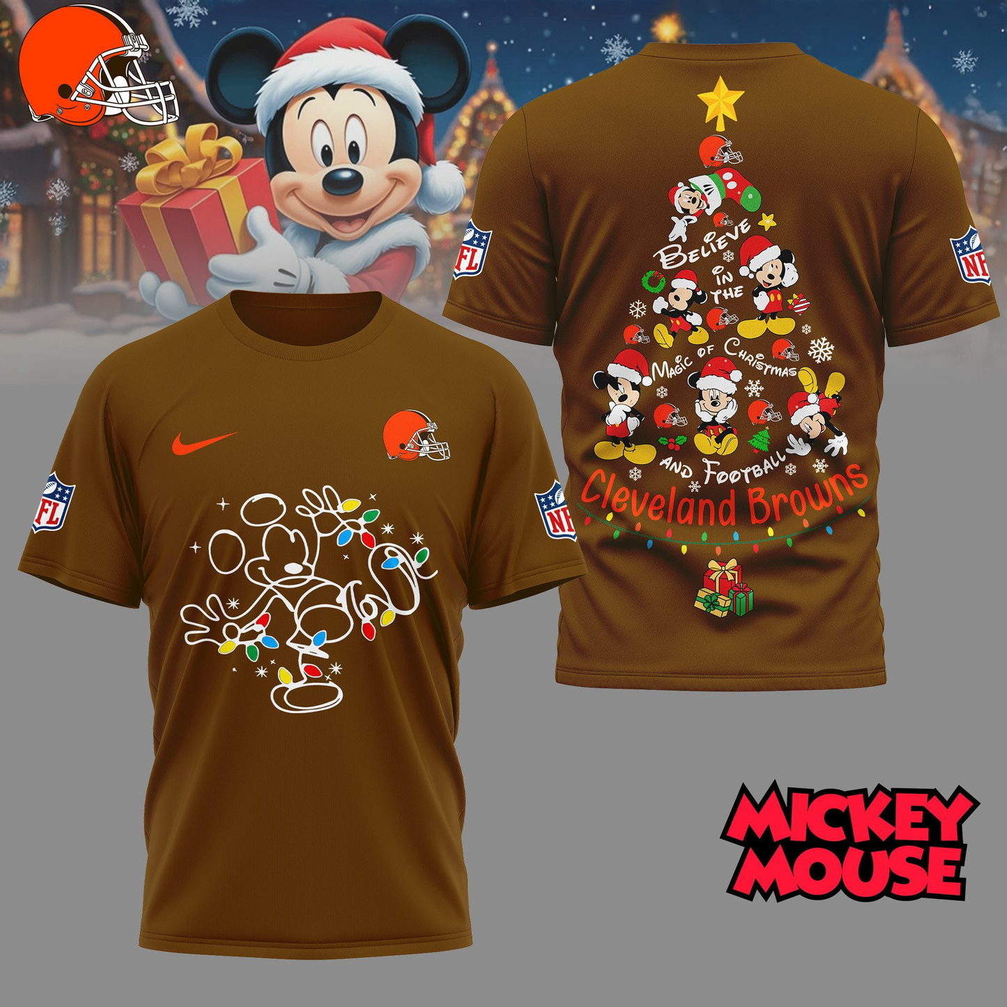 CLE Premium NFL Mickey Mouse Christmas 3D Shirt DDT CTND