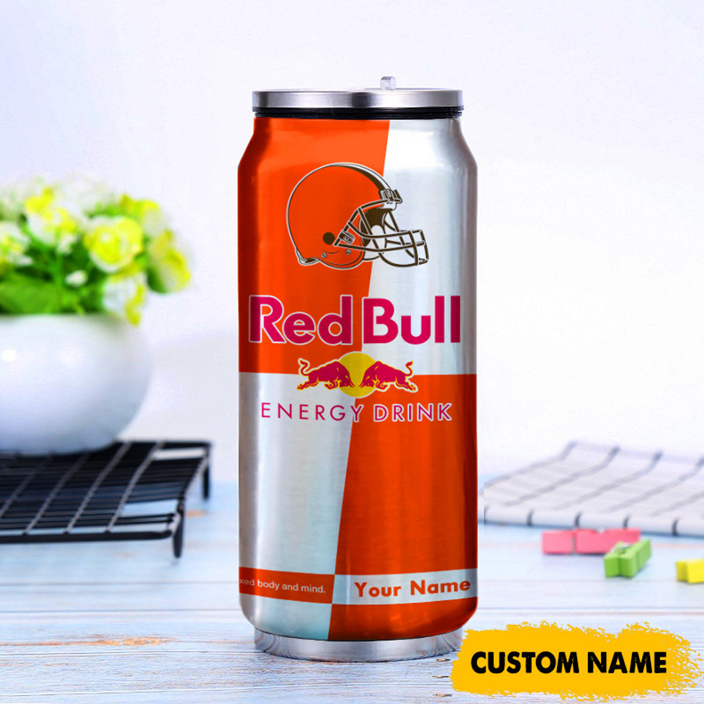 CLE x NFL Mix RedB Drink Can Tumbler Custom Any Name DATND TANTD