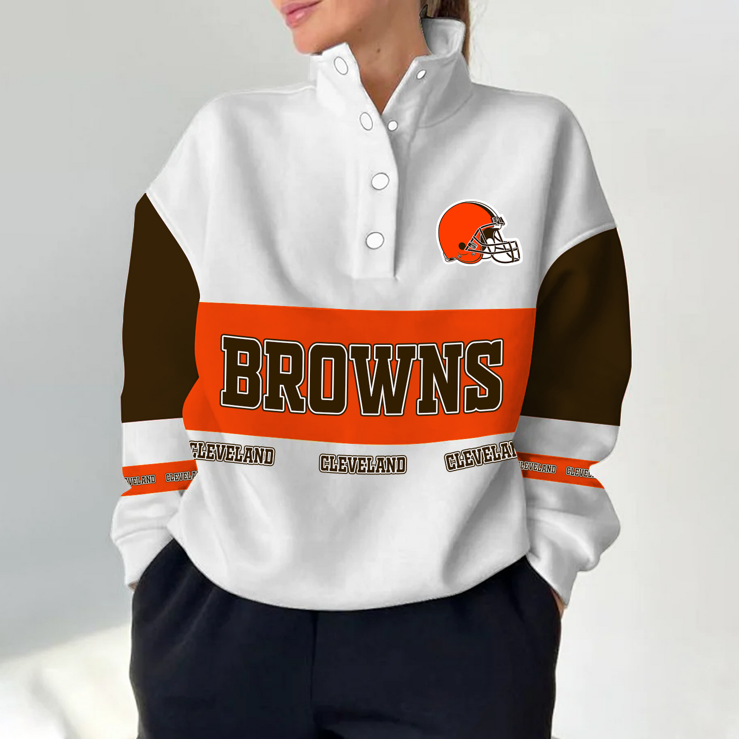 CLE x NFL Women's Retro Casual Snap Mockneck Pullover DATND TANTD
