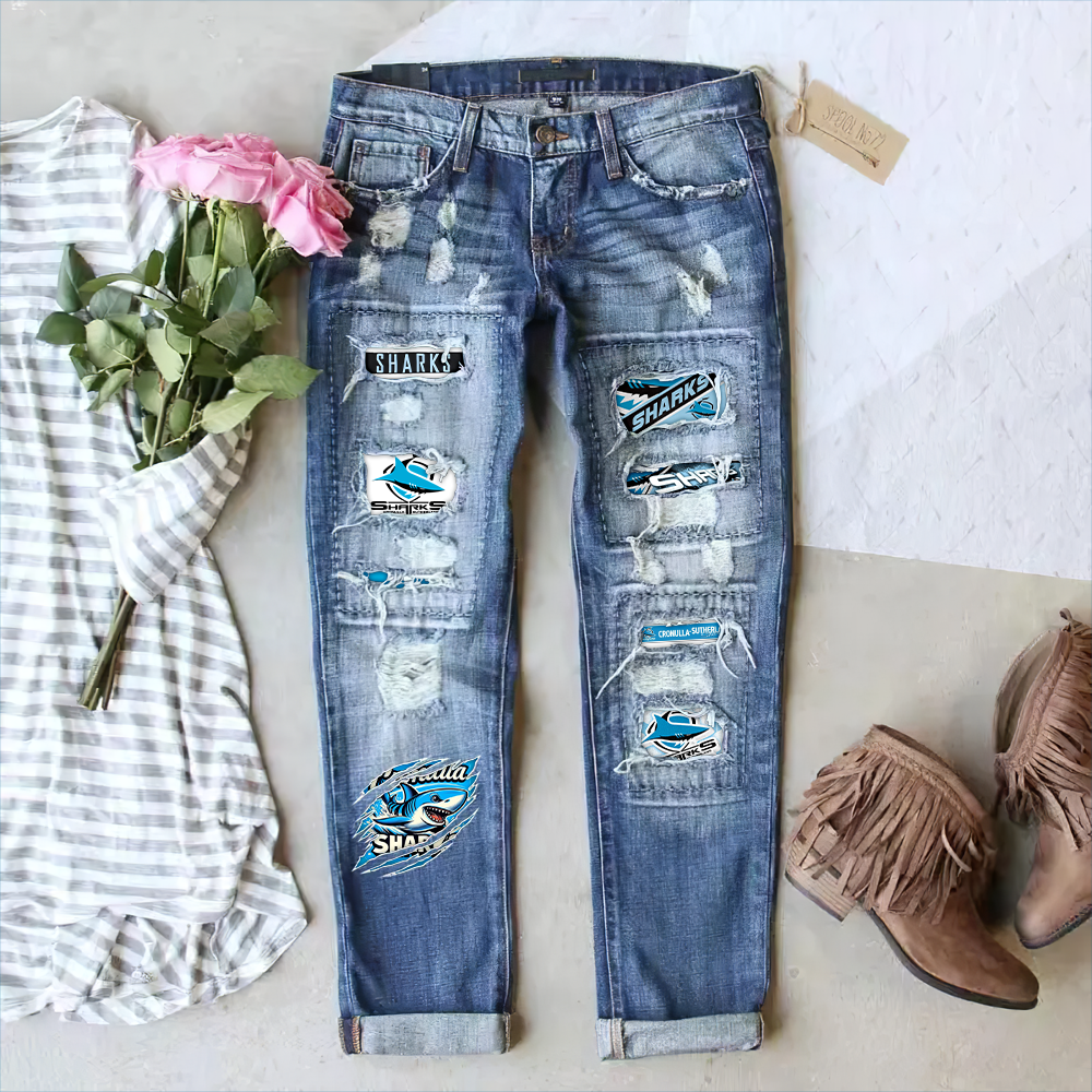 Cronulla Sharks NRL 2025 Stretch Ripped Frayed Raw Hem Distressed Denim Jeans With Hole TM NTA V1