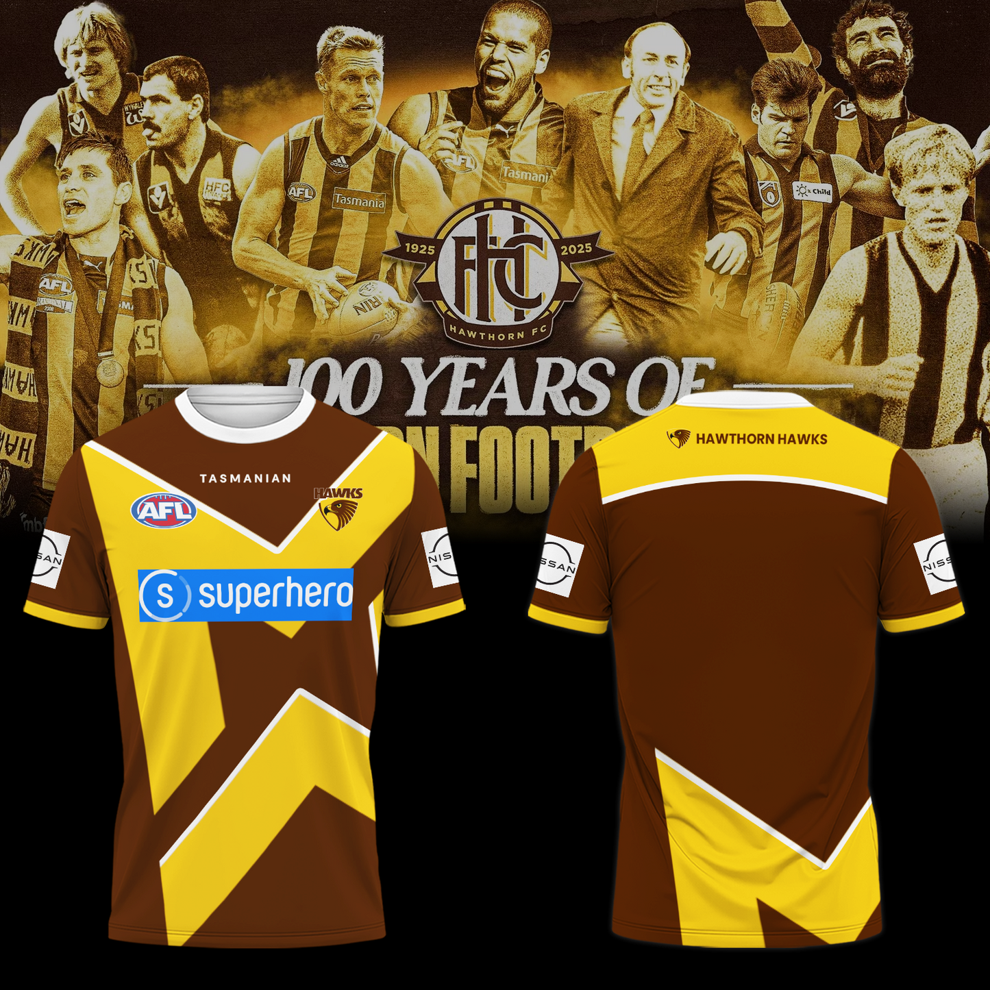 Hawthorn Football Club AFL 100 Year Hub Limited Edition T-Shirt TM - You will save more when you buy the clothes and hat combo V3