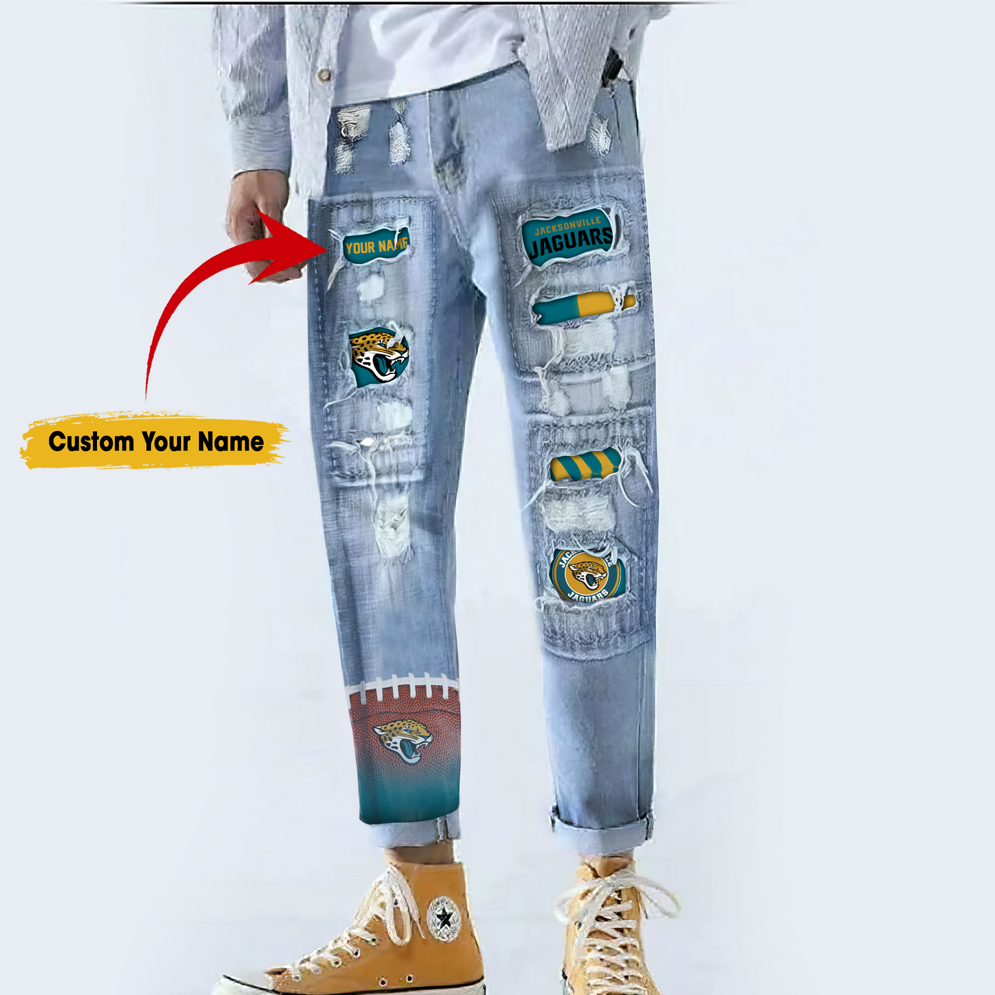 Jacksonville Jaguars STRETCH RIPPED FRAYED RAW HEM DISTRESSED DENIM JEANS WITH HOLE