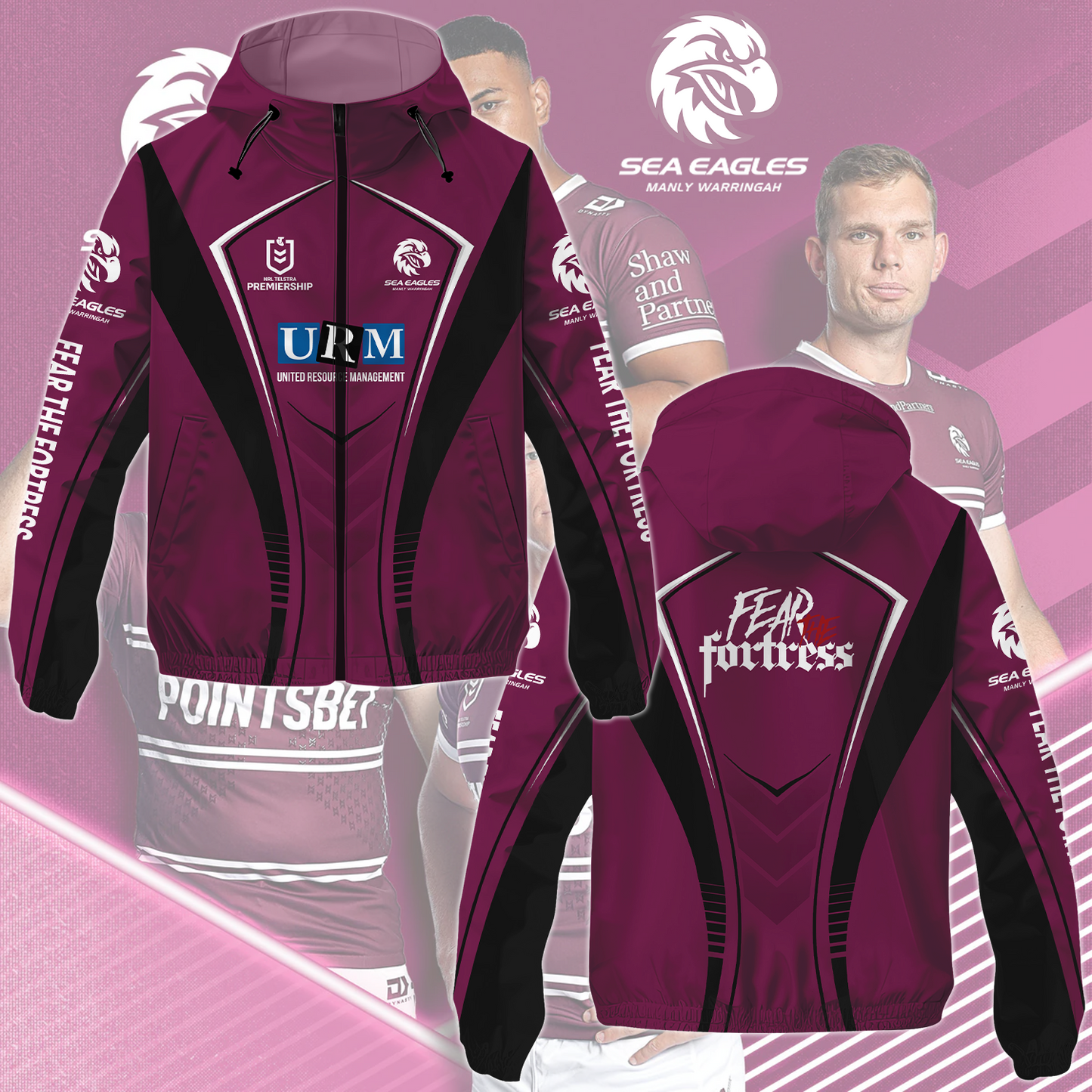 Manly Warringah Sea Eagles 12 NRL 2025 Fear The Fortress Windbreaker Jacket TM NTA V2