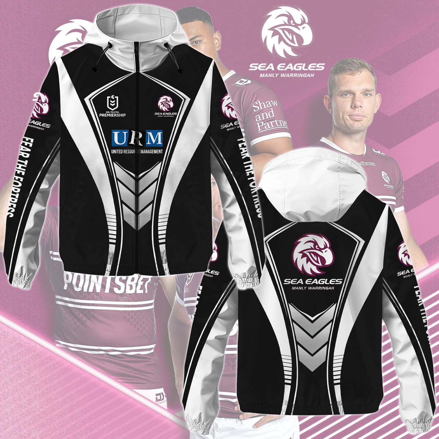 Manly Warringah Sea Eagles 17 NRL 2025 Fear The Fortress Windbreaker Jacket TM NTA V2