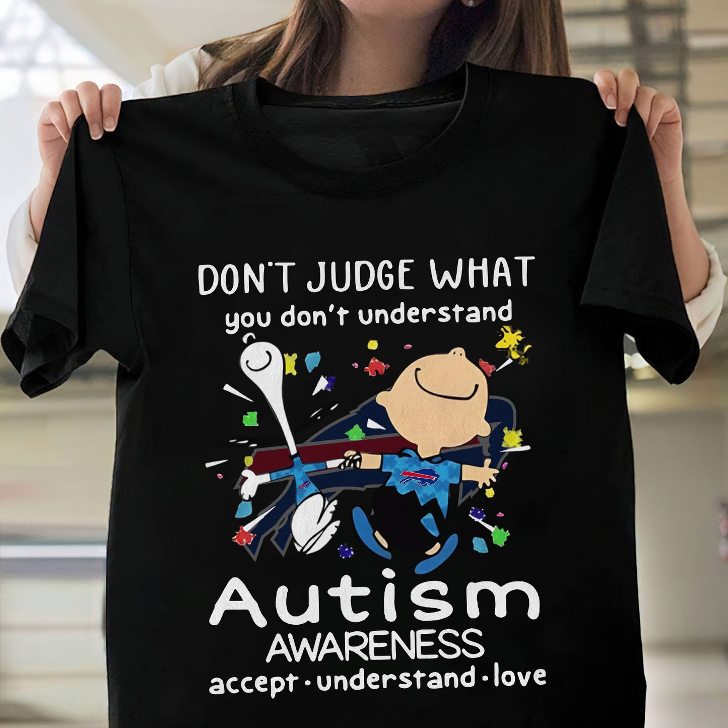 NFL Buffalo Bills Snoopy And Friends I Wear Blue For My Son Autism Awareness Accept Understand Love Tshirt