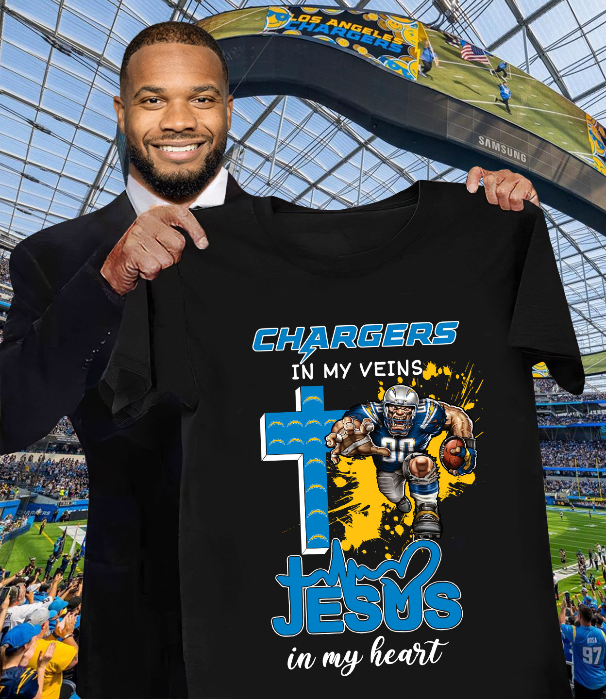 NFL Los Angeles Chargers in my veins, Jesus in my heart Shirt