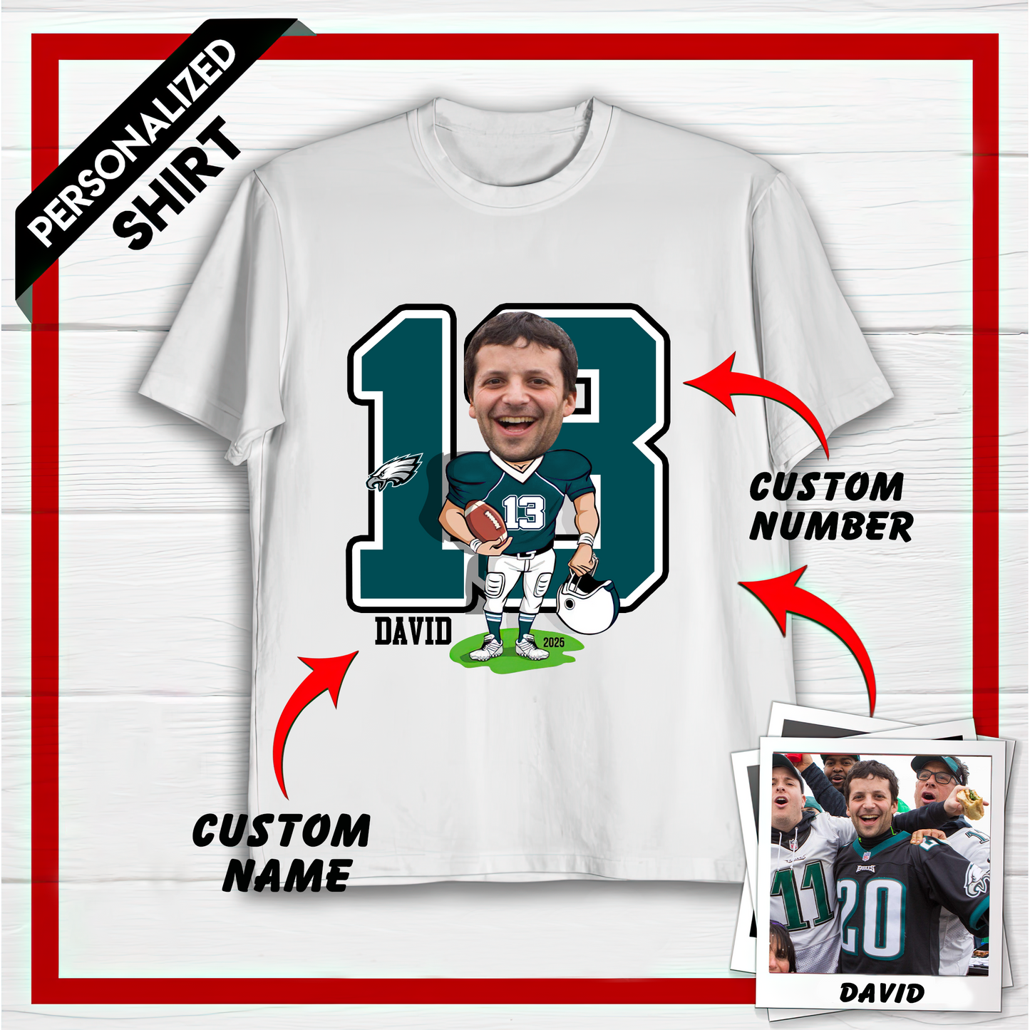 Personalized PE American Football Caricature T-shirt Custom Photo, Name And Number