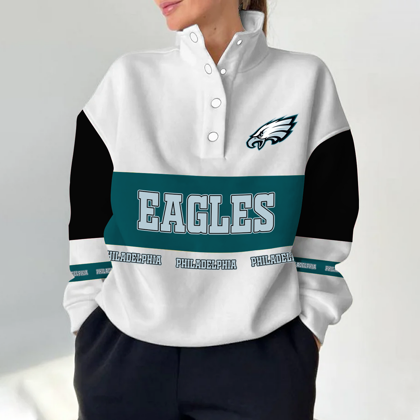 PHI x NFL Women's Retro Casual Snap Mockneck Pullover DATND TANTD