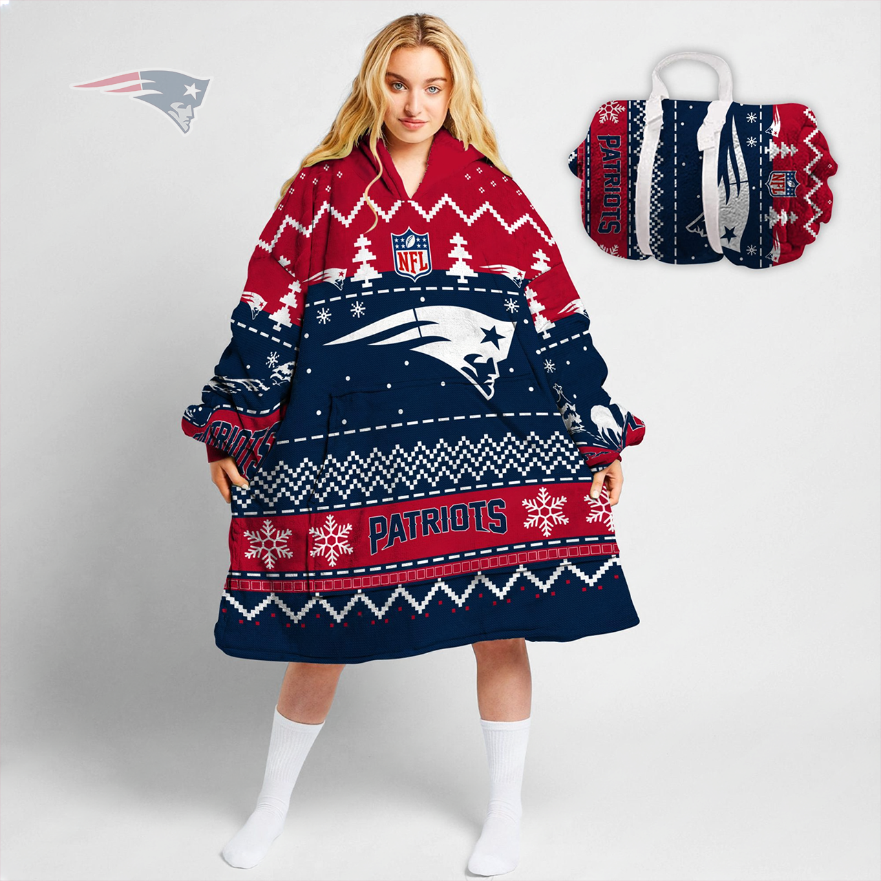 Premium NFL NE Merry Christmast Fleece Hoodie Blanket V1 NMD TTV