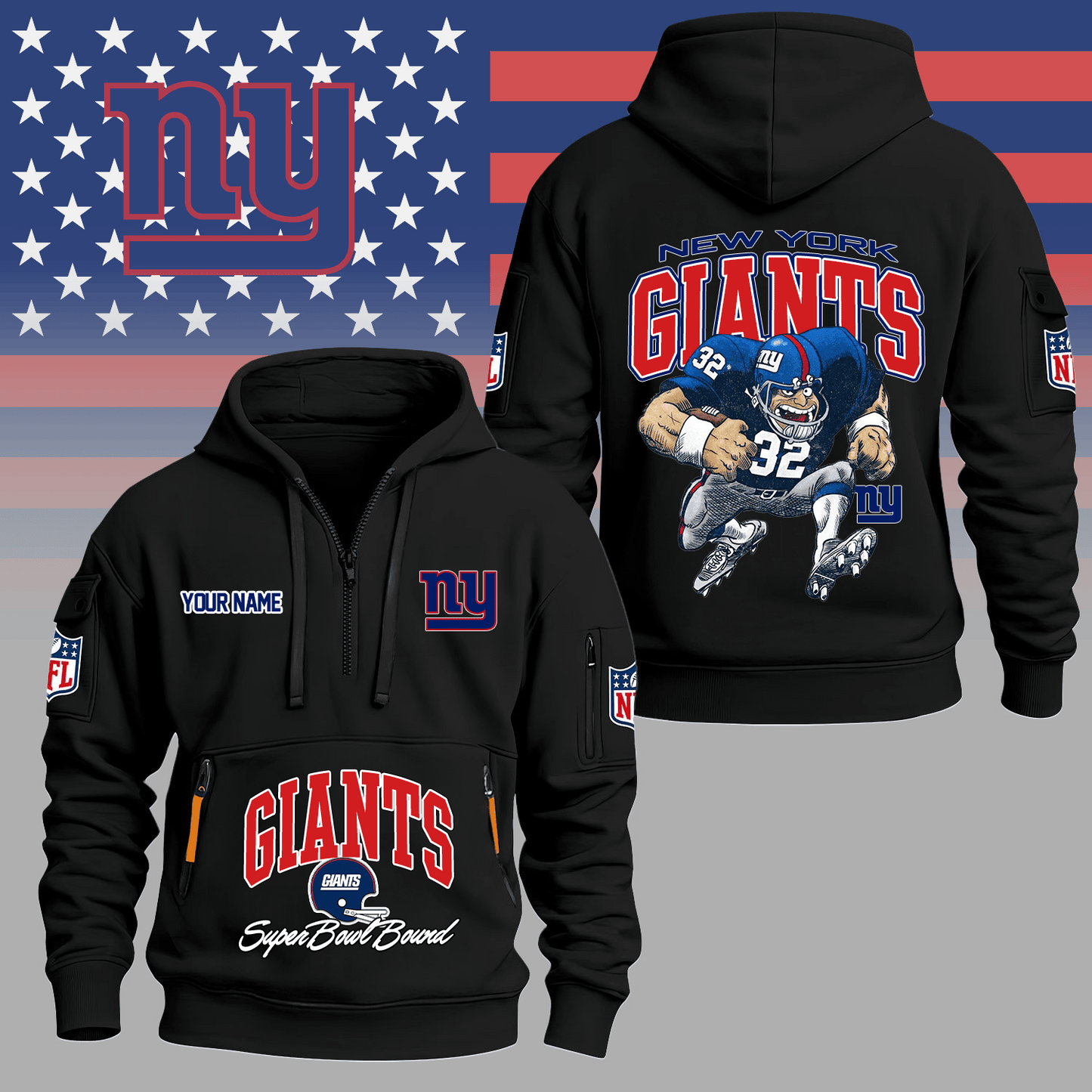 Premium NFL NYG Super Bowl Hoodie Half Zipper V1 NMD TTV