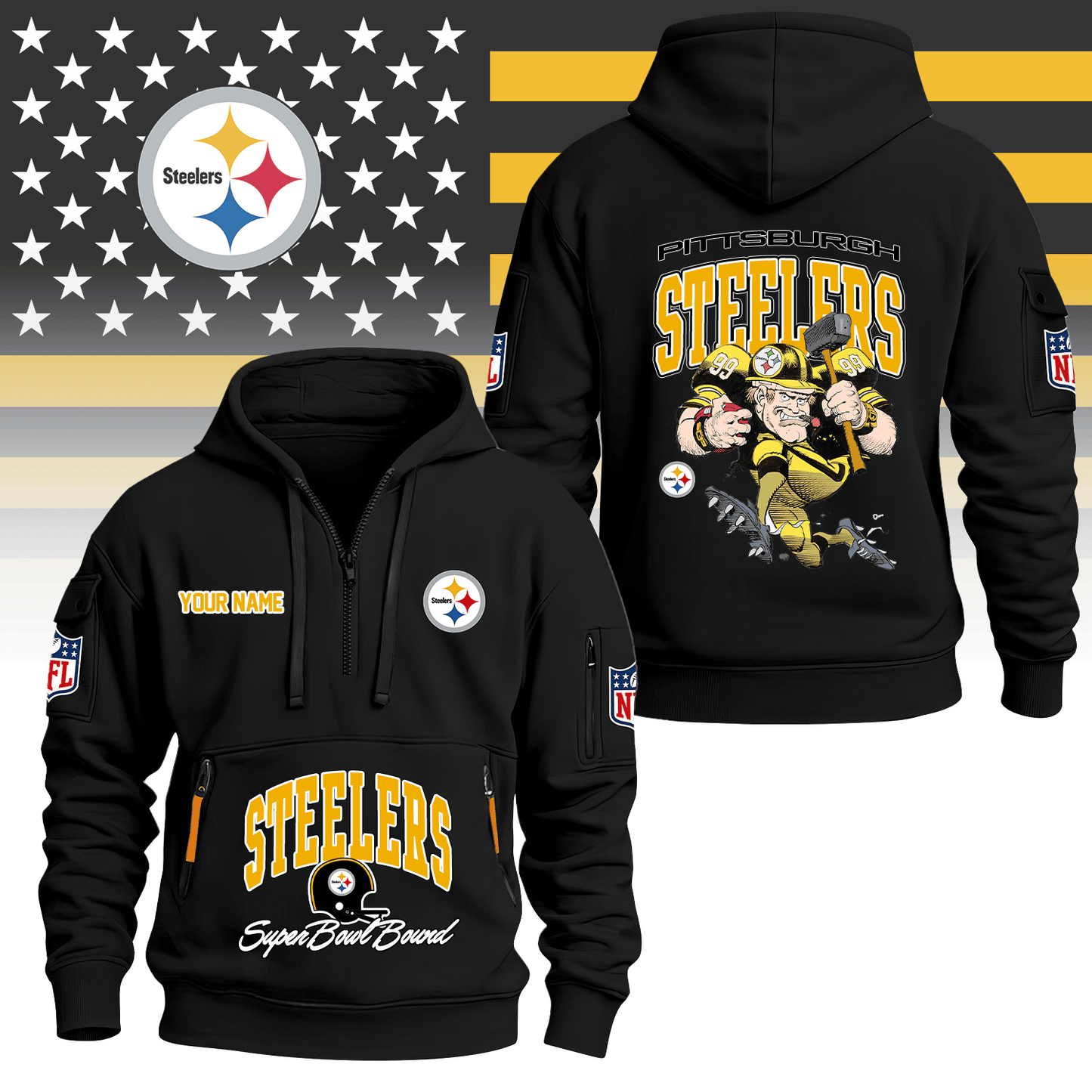 Premium NFL PIT Super Bowl Hoodie Half Zipper V1 NMD TTV