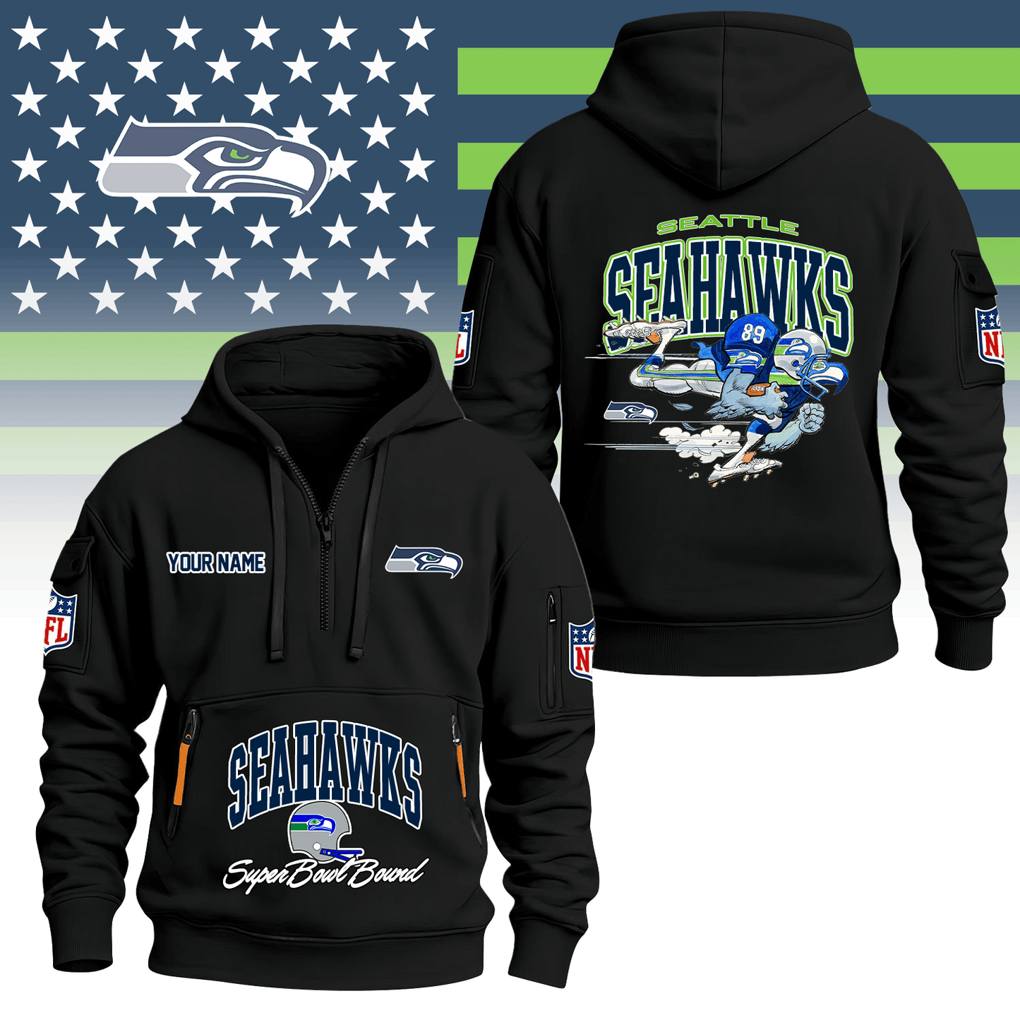 Premium NFL SEA Super Bowl Hoodie Half Zipper V1 NMD TTV