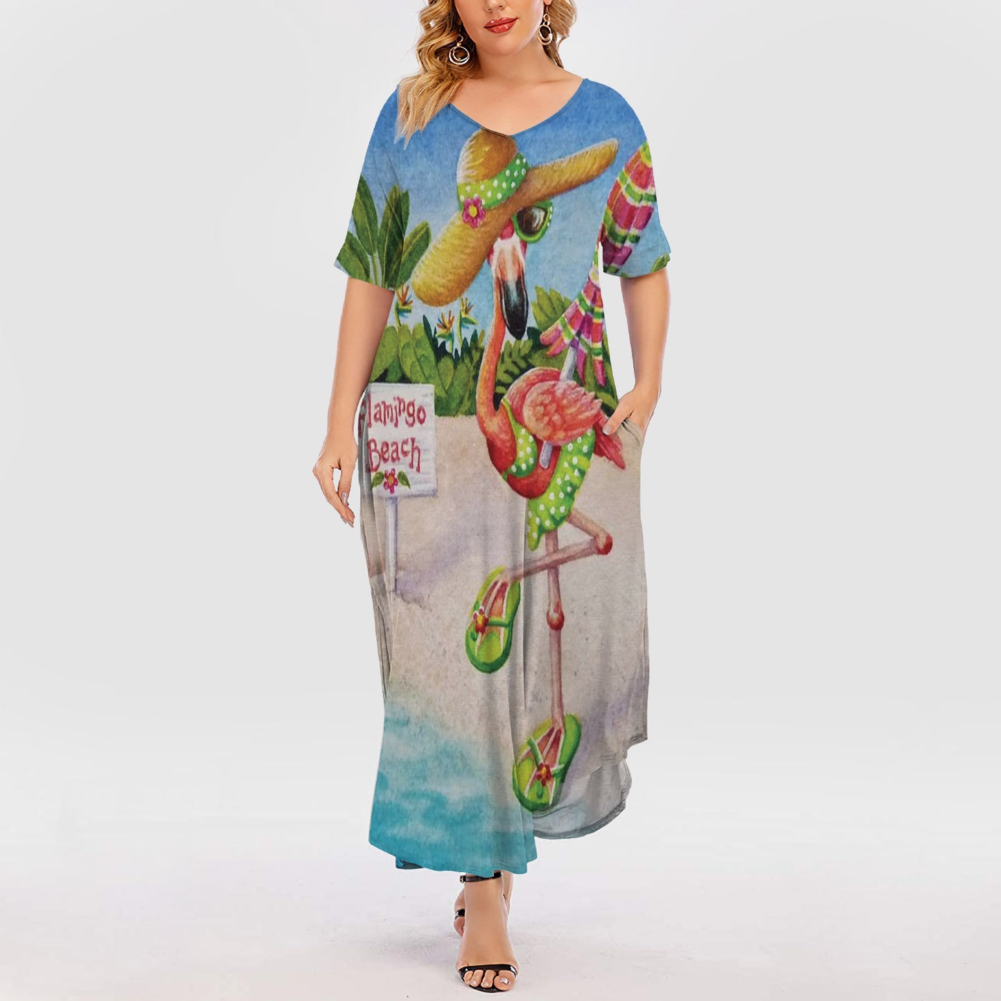 Flamingo On Beach Short Sleeve Plus Size Maxi Dress | Plus Size Dress | Summer Dress