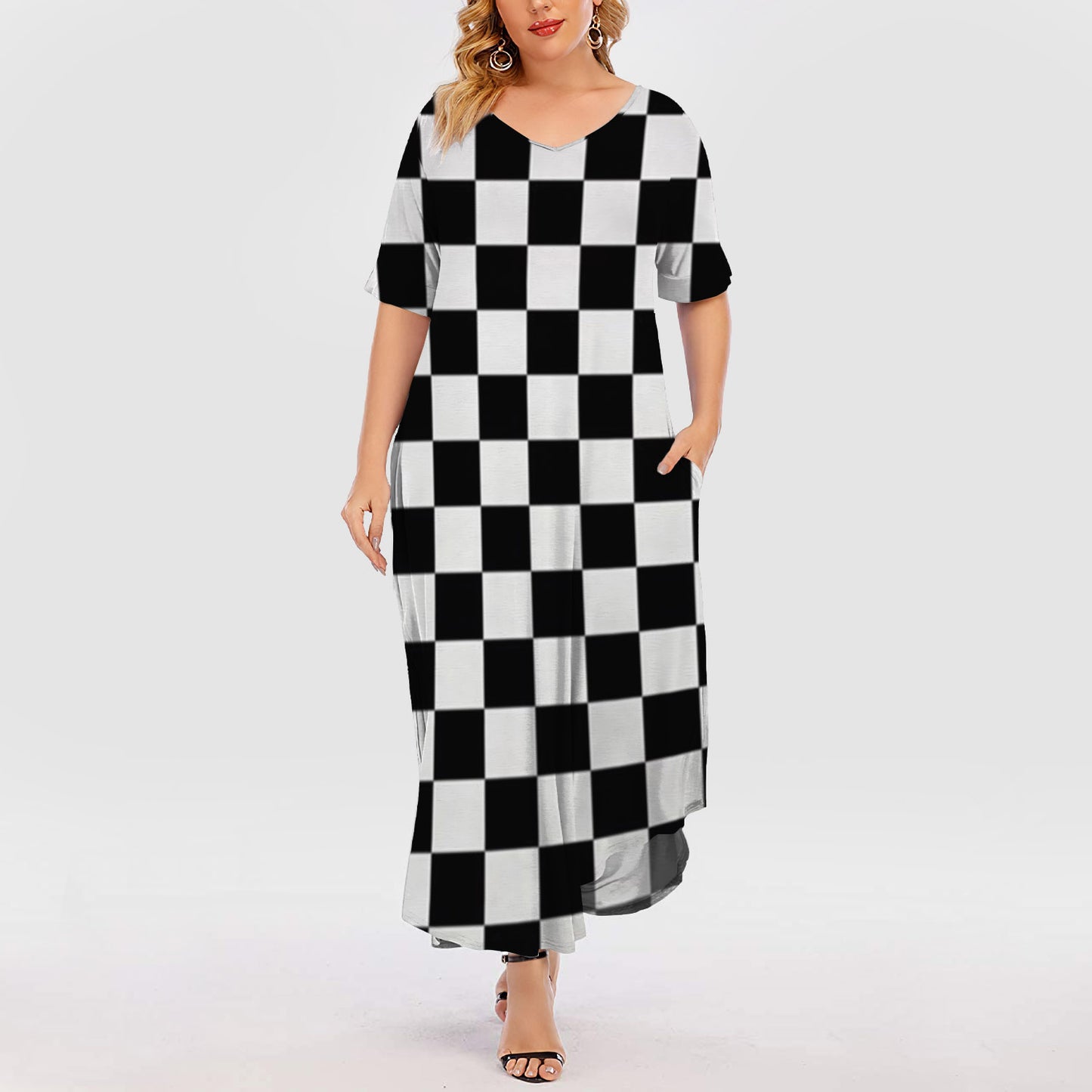 Checkerboard Short Sleeve Plus Size Maxi Dress | Plus Size Dress | Summer Dress