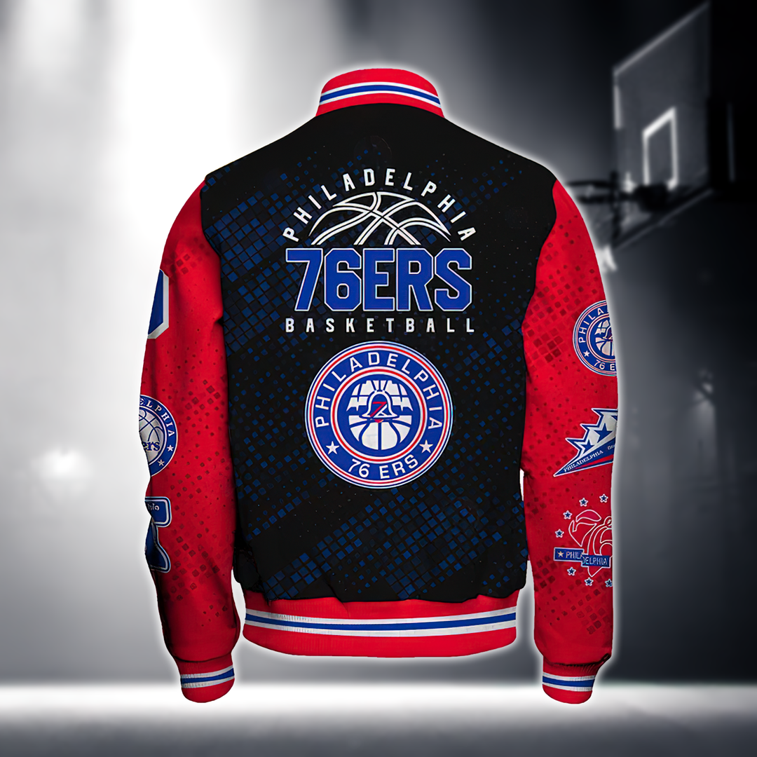 NBA PHILADELPHIA 76ERS NATIONAL BASKETBALL ASSOCIATION VARSITY JACKET V1