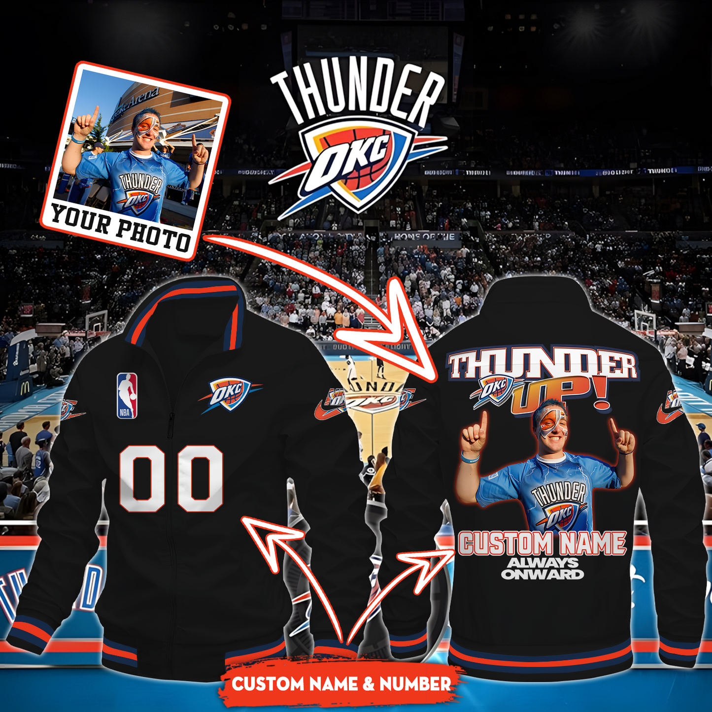 Oklahoma City Thunder Up NBA Casual Jacket Custom Photo and Name and Number TM