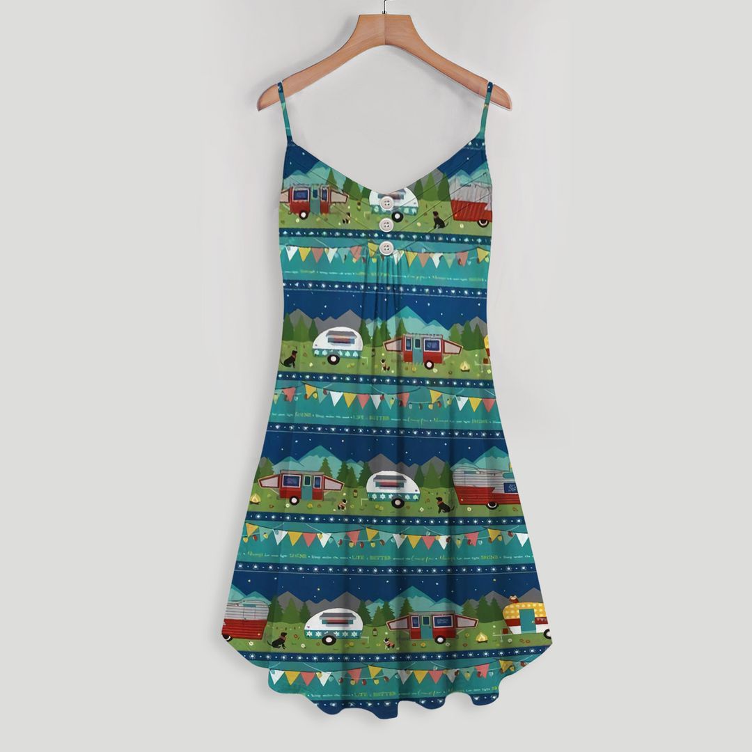 Camping Camper Line Spaghetti Strap Summer Dress | Women Sleeveless V Neck Mini Dress