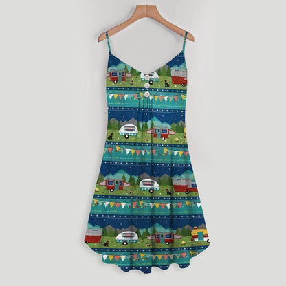 Camping Camper Line Spaghetti Strap Summer Dress | Women Sleeveless V Neck Mini Dress