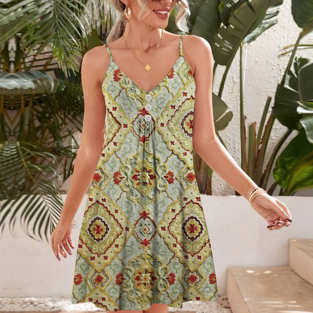 Diamond Scroll Spaghetti Strap Summer Dress | Women Sleeveless V Neck Mini Dress