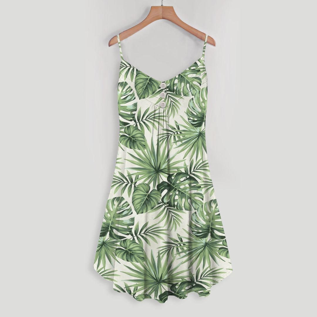 Palm Leaf Print Design A Area Spaghetti Strap Summer Dress | Women Sleeveless V Neck Mini Dress