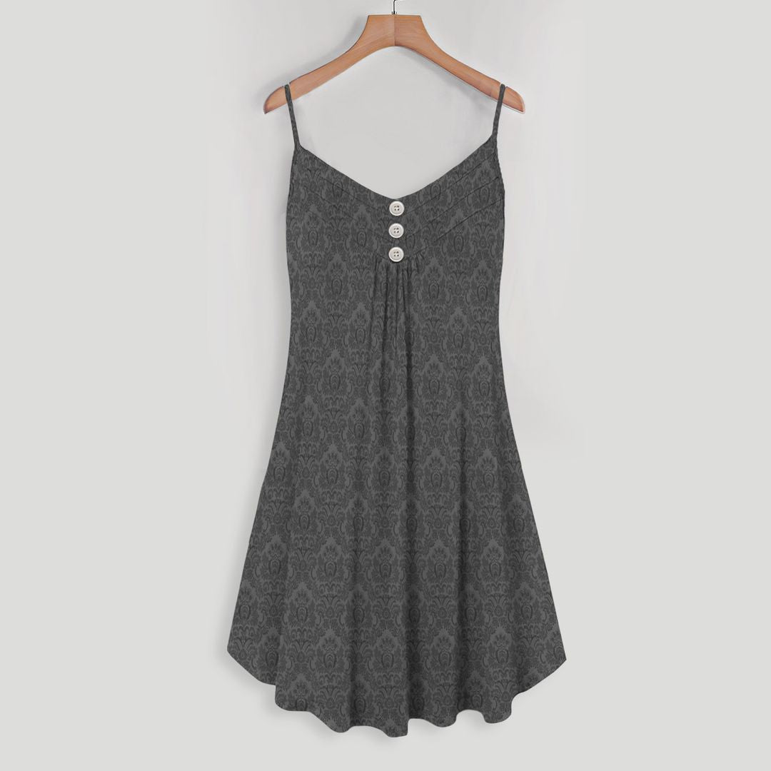 Gray Flower Pattern Spaghetti Strap Summer Dress | Women Sleeveless V Neck Mini Dress