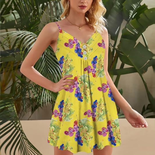Grape Colorful Fruit In Yellow Background Spaghetti Strap Summer Dress | Women Sleeveless V Neck Mini Dress
