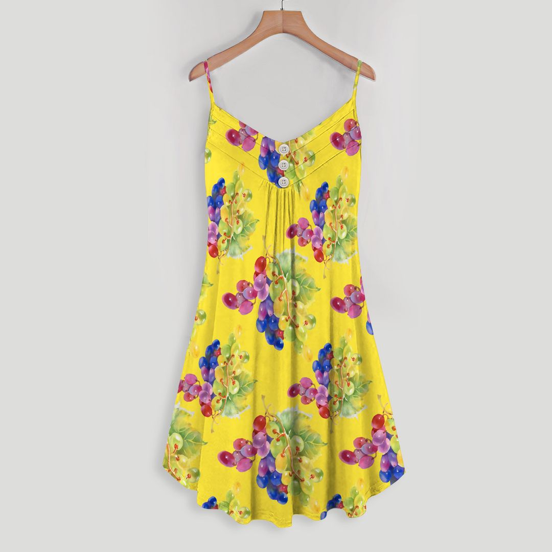 Grape Colorful Fruit In Yellow Background Spaghetti Strap Summer Dress | Women Sleeveless V Neck Mini Dress
