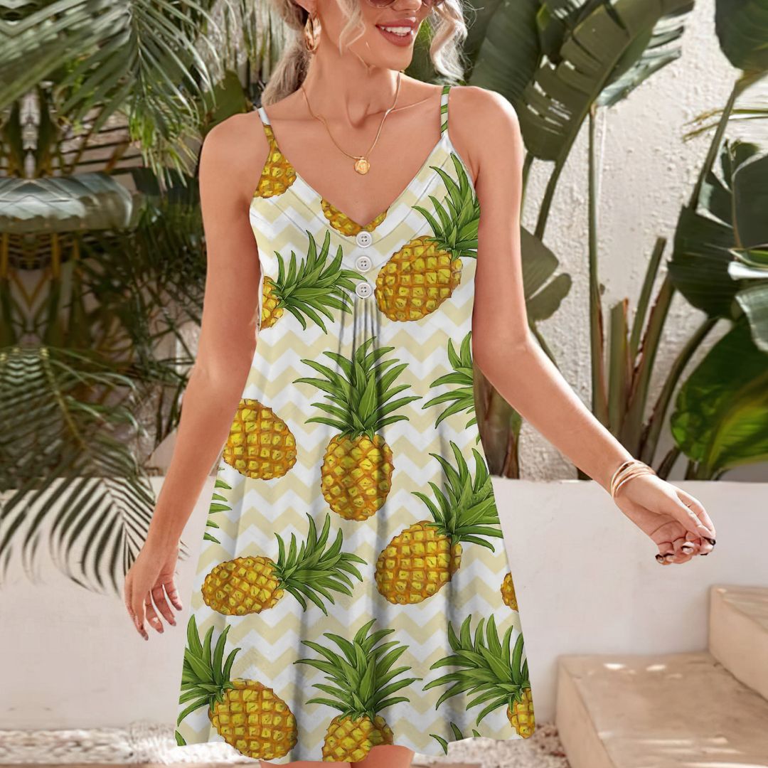 Beige Zig Zag Pineapple Spaghetti Strap Summer Dress | Women Sleeveless V Neck Mini Dress