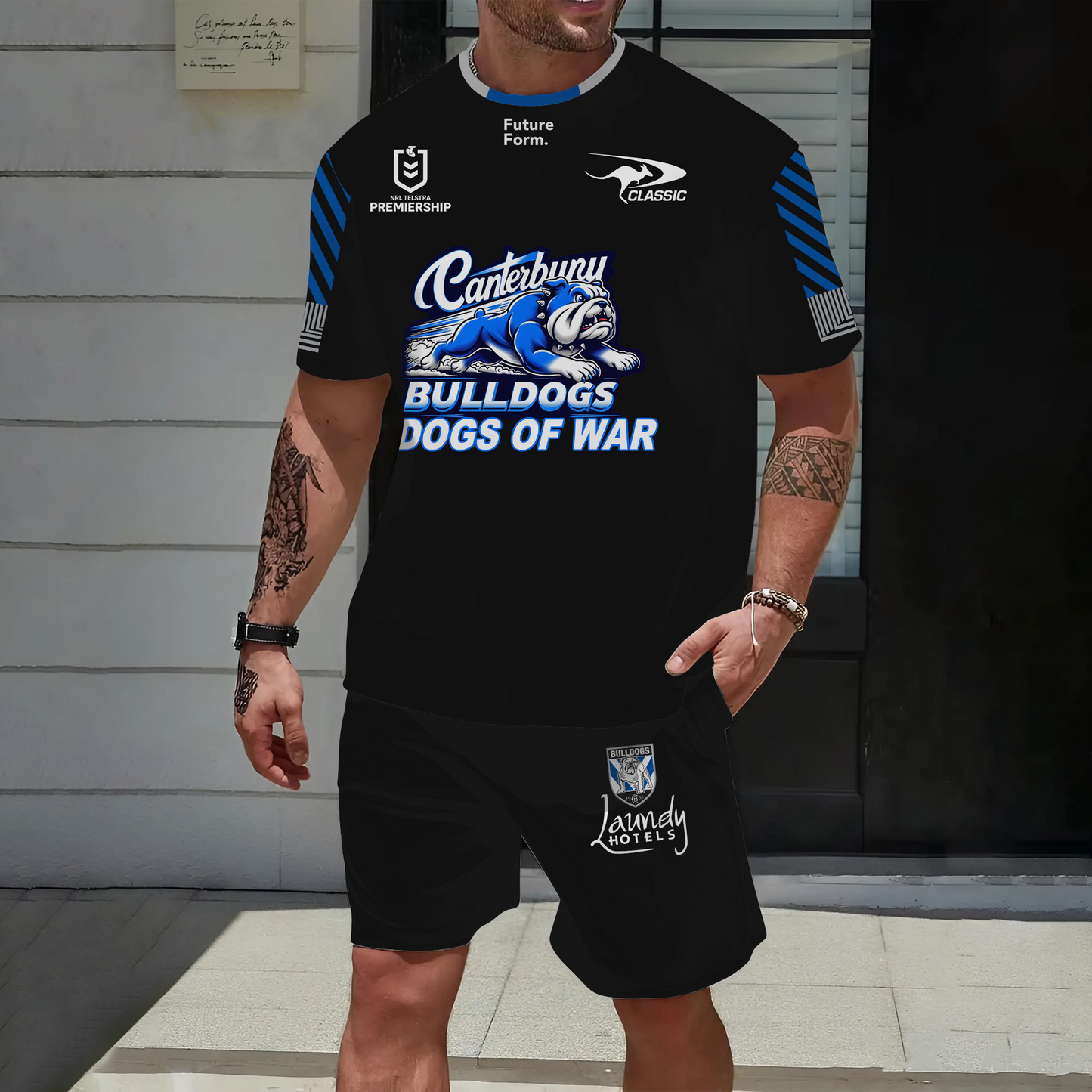 Canterbury-Bankstown Bulldogs NRL 2025 The Dogs Of War Limited Edition Set T-Shirt And Shorts TM NTA V1