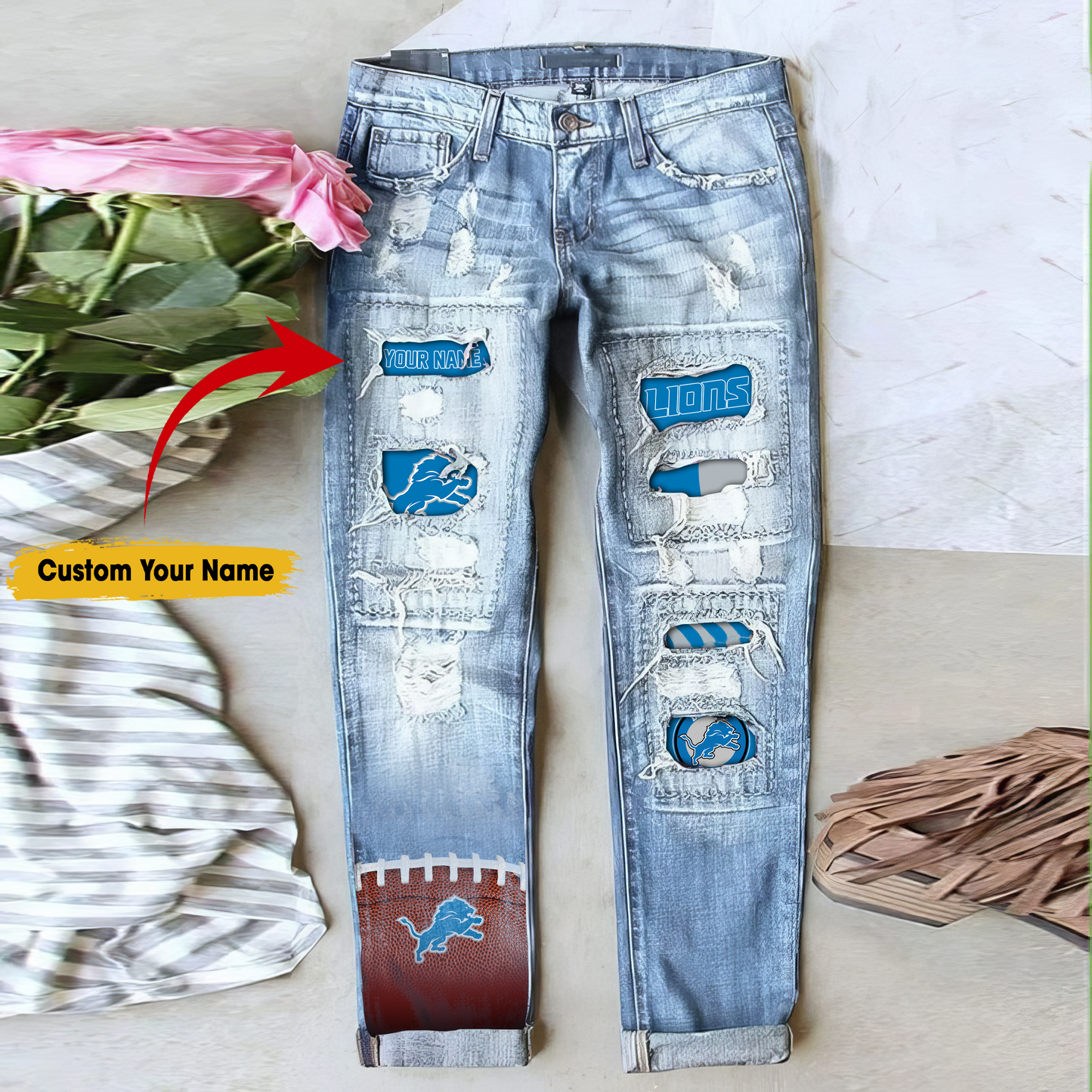 Detroit Lions STRETCH RIPPED FRAYED RAW HEM DISTRESSED DENIM JEANS WITH HOLE