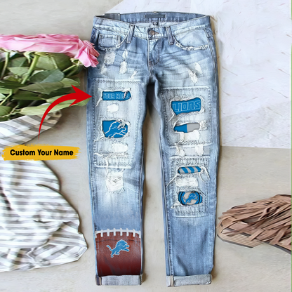 Detroit Lions STRETCH RIPPED FRAYED RAW HEM DISTRESSED DENIM JEANS WITH HOLE