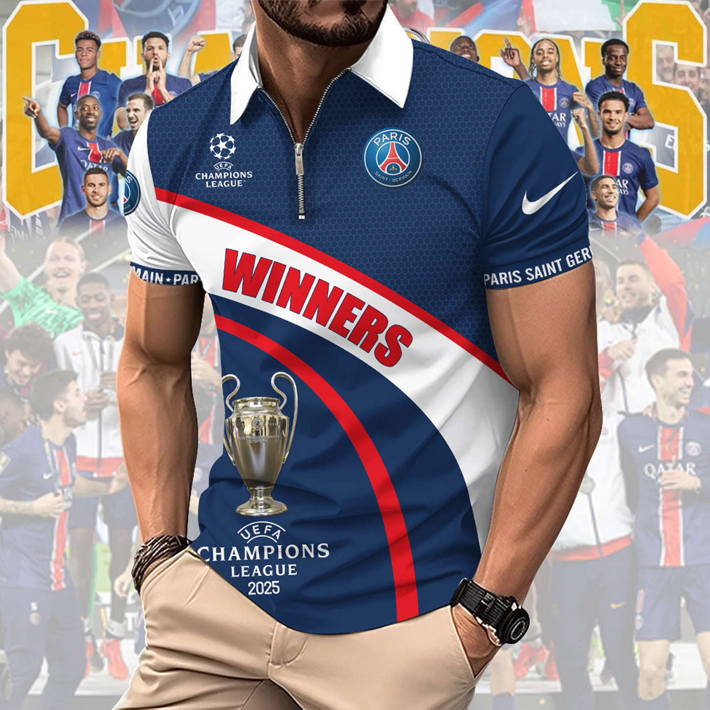 Paris Saint-Germain UEFA Champions League Champions Zipper Polo Shirt DDTTDT
