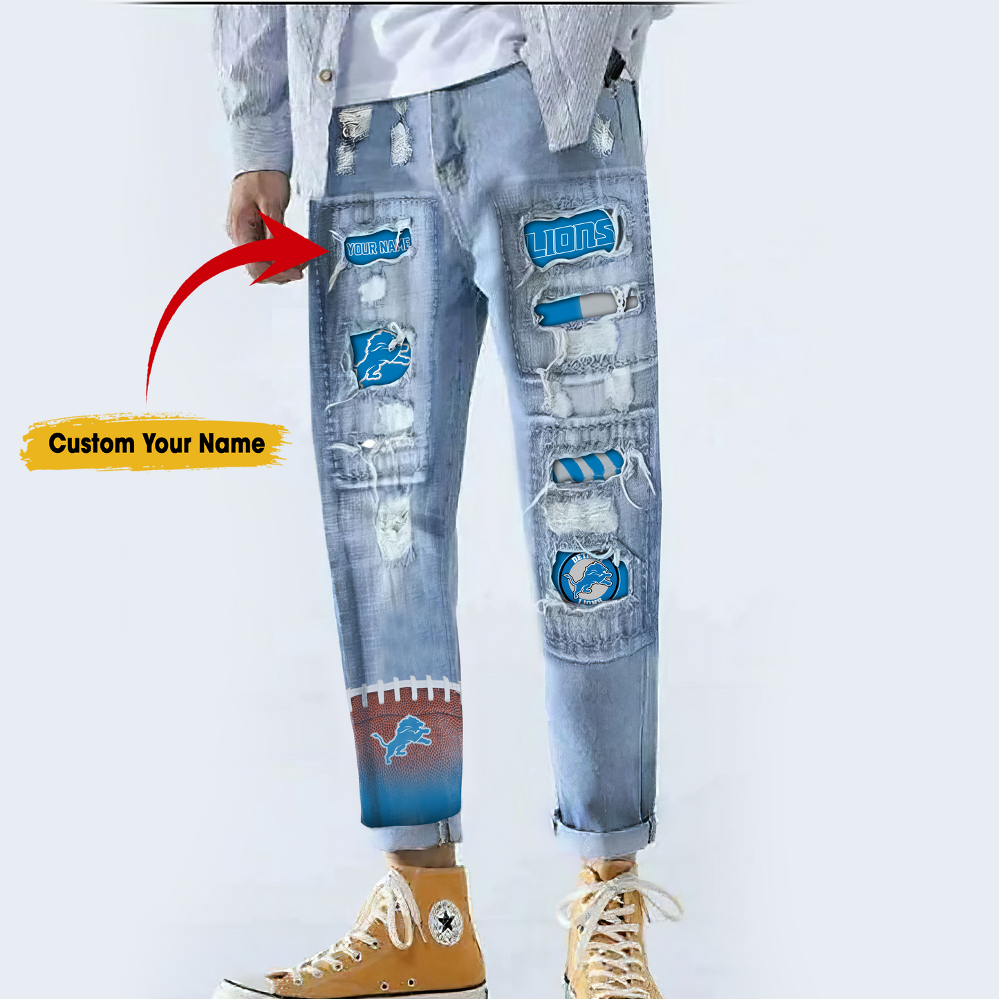 Detroit Lions STRETCH RIPPED FRAYED RAW HEM DISTRESSED DENIM JEANS WITH HOLE