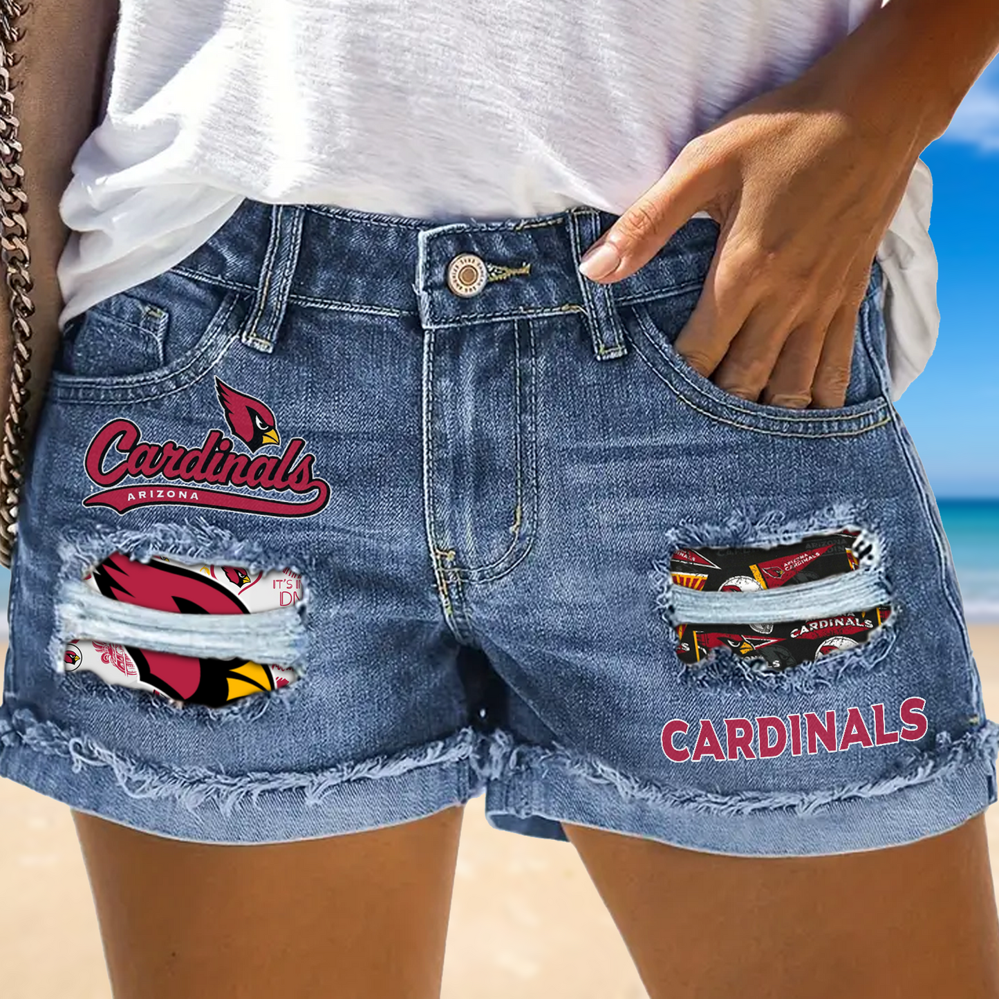 Arizona Cardinals Rip Print Fashion Denim Shorts NDD