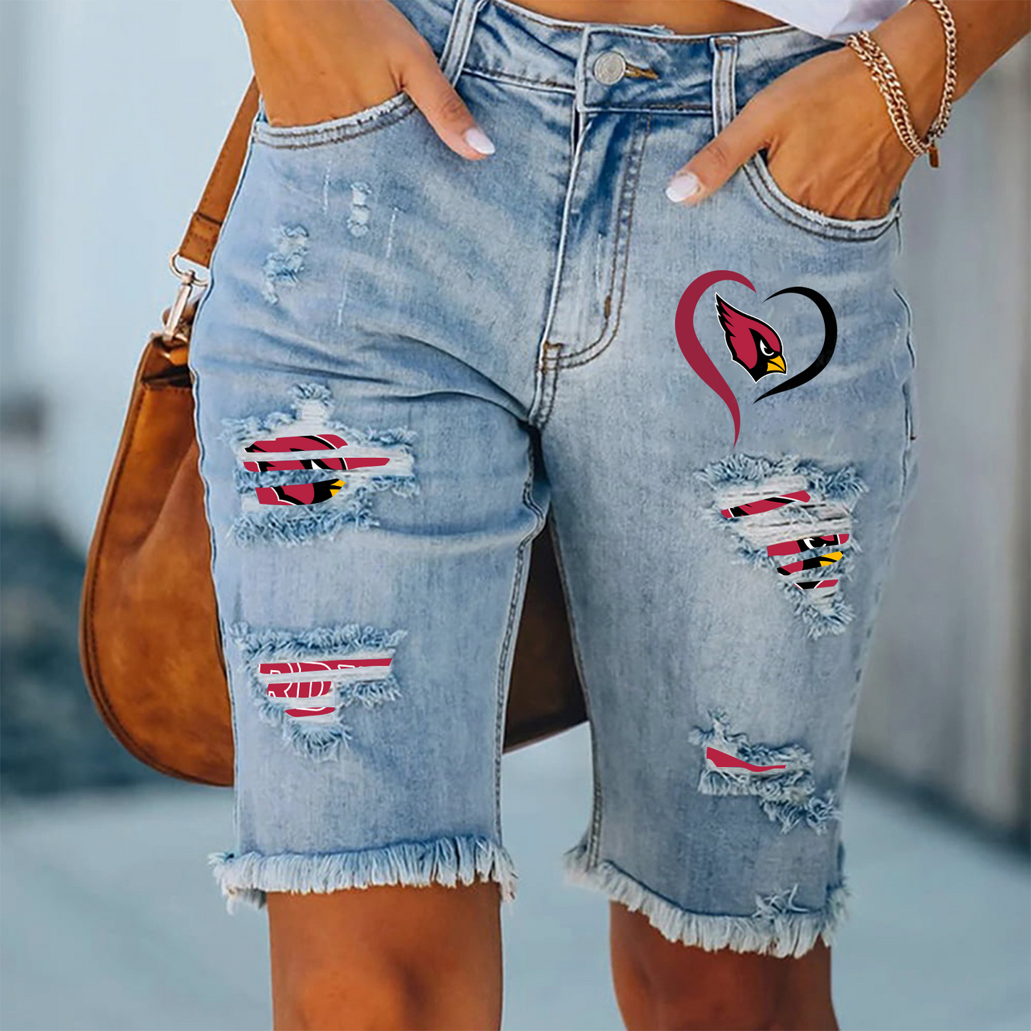 Arizona Cardinals Ripped Print Fashion Quarter Denim Mid Length Pants