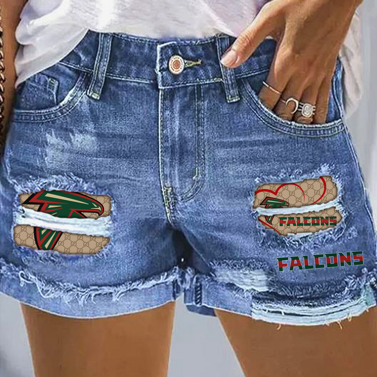 Atlanta Falcons Gucci Rip Print Fashion Denim Shorts NDD
