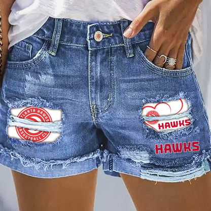 Atlanta Hawks Rip Print Fashion Denim Shorts
