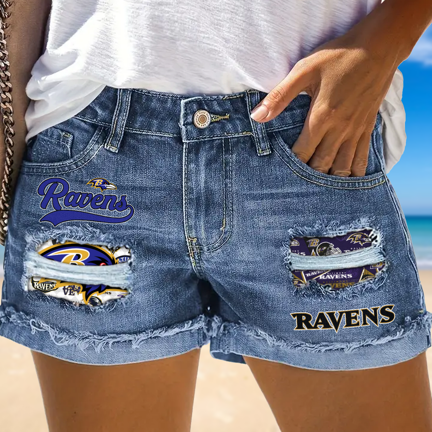 Baltimore Ravens Rip Print Fashion Denim Shorts NDD