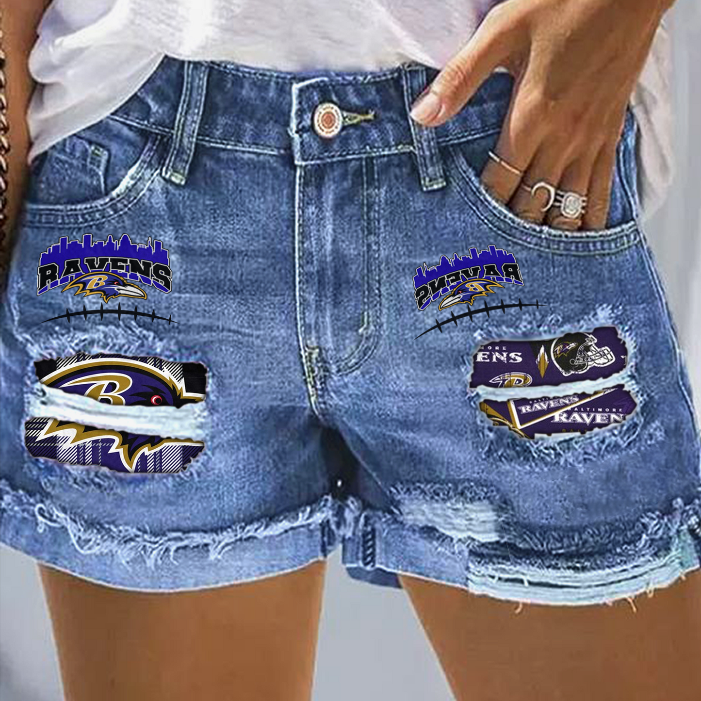 Baltimore Ravens Rip Print Fashion Denim Shorts NDD
