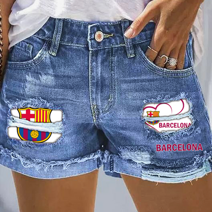 Barcelona Rip Print Fashion Denim Shorts